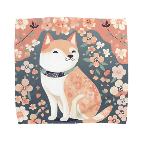 日本画風、柴犬と桜-Japanese-style painting of a Shiba Inu with cherry blossoms タオルハンカチ