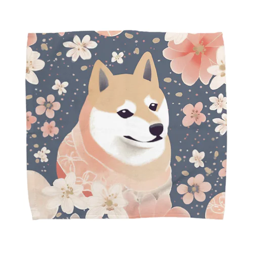 日本画風、柴犬と桜２-Japanese-style painting of a Shiba Inu with cherry blossoms 2 タオルハンカチ