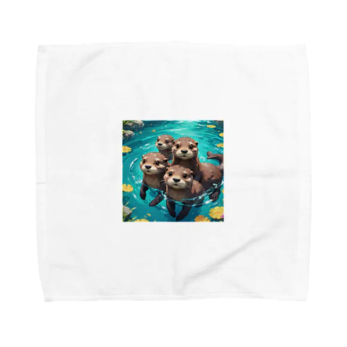 水遊びする親子カワウソ Towel Handkerchief