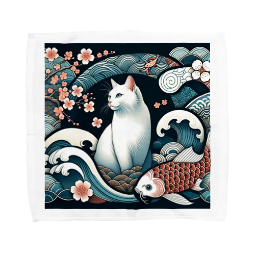 和紋様 x 猫　鯉と桜と波 Towel Handkerchief