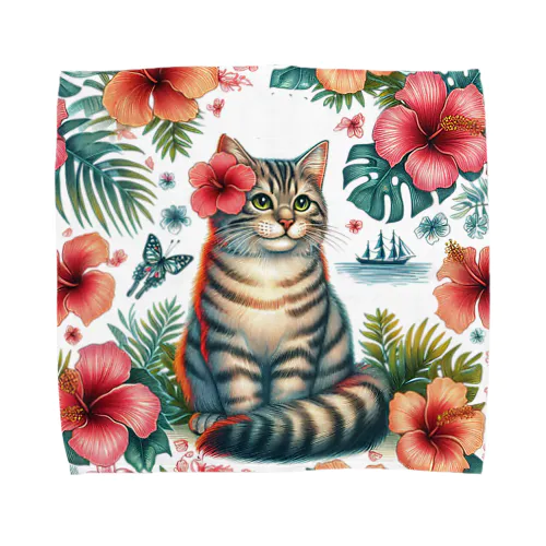 猫とハイビスカス🌺 Towel Handkerchief