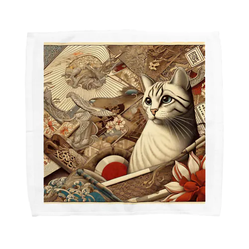 和紋様 x 猫　好奇心旺盛な猫と日本の歴史 タオルハンカチ