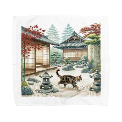 和紋様 x 猫　日本庭園を探索する猫 Towel Handkerchief