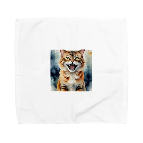 怒った猫の表情が鮮やかに描かれた水彩画 Towel Handkerchief