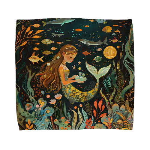 宝石を眺める人魚のタオルハンカチ Towel handkerchief with mermaid gazing at jewels タオルハンカチ