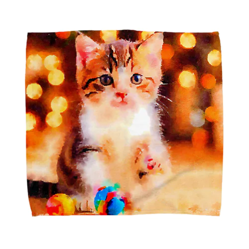 猫の水彩画/キジシロねこのイラスト/おもちゃで遊ぶキジ白ネコ Towel Handkerchief