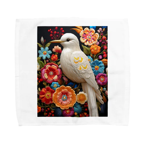 白い鳥さんとお花の刺繍 タオルハンカチ