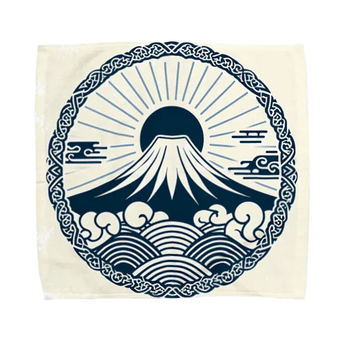 Minimalist Traditional Japanese Motif Featuring Mount Fuji and Seigaiha Patterns タオルハンカチ