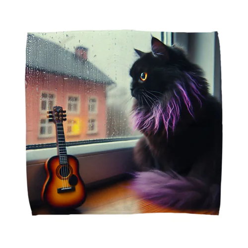 雨とギターと猫 タオルハンカチ