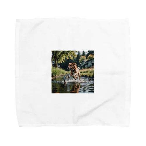 水辺を走る犬 dog runnning on the water Towel Handkerchief