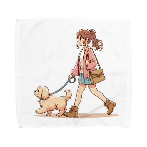 かわいい犬と散歩をする女性 Towel Handkerchief