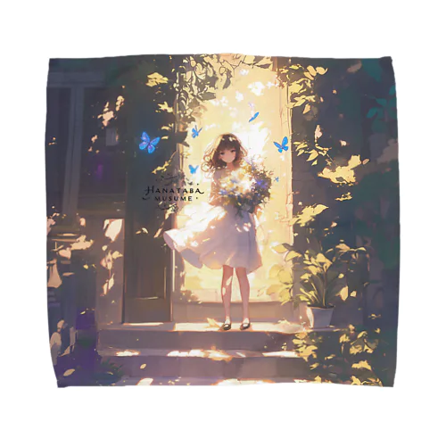 The Girl in the Light with Blue Butterflies in the Garden タオルハンカチ