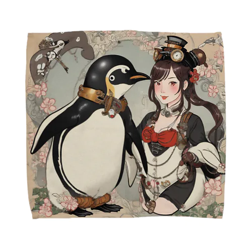 浮世絵風パンクスタイルの女の子とぺんぎん、桜 Towel Handkerchief