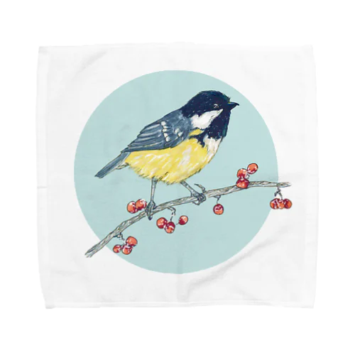 ベリーと鳥 (Great Tit) Towel Handkerchief