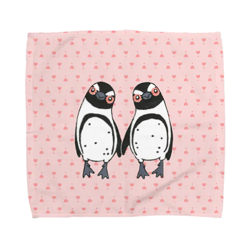 手繋ぎケープペンギンのカップル🐧❤️🐧 pinkversion タオルハンカチ