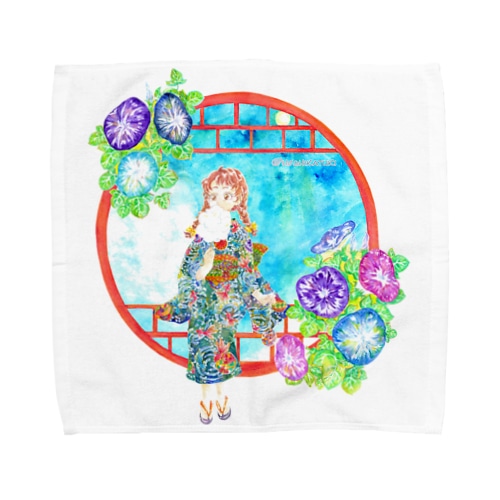 「窓際の夏」青空・朝顔縁・浴衣の女の子 Towel Handkerchief
