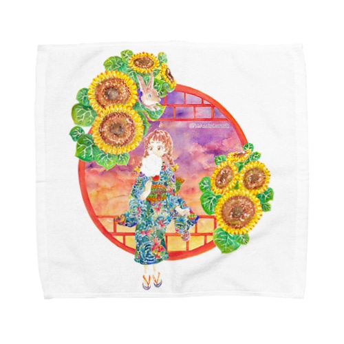 「窓際の夏」夕焼け・向日葵縁・浴衣の女の子 Towel Handkerchief