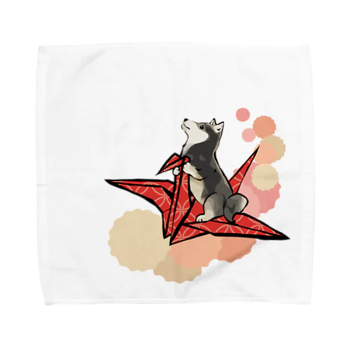 折り鶴　黒柴　赤 Towel Handkerchief