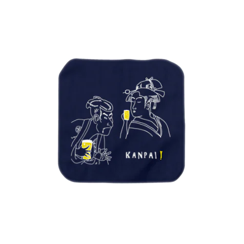 名画 × BEER（浮世絵男女）白線画-ネイビー Towel Handkerchief