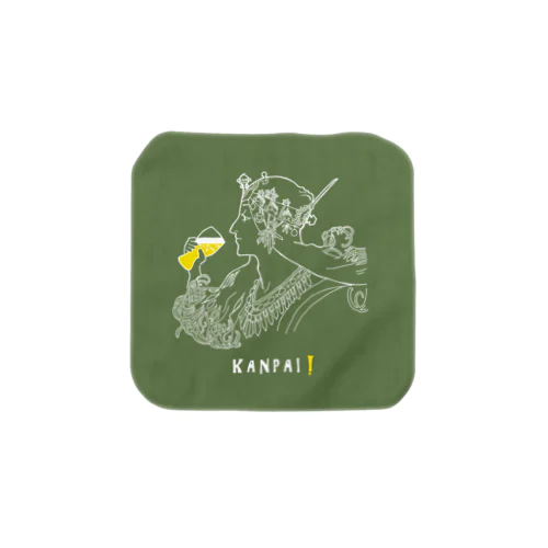 名画 × BEER（ミュシャ）白線画-グリーン Towel Handkerchief