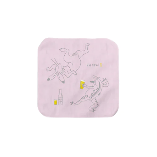 名画 × BEER（鳥獣戯画）グレー線画-ピンク Towel Handkerchief
