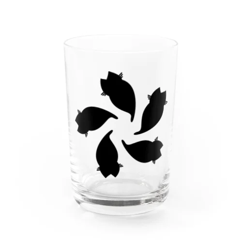 動物家紋。H.T.（変わり散り桜５ネコ）黒 Water Glass