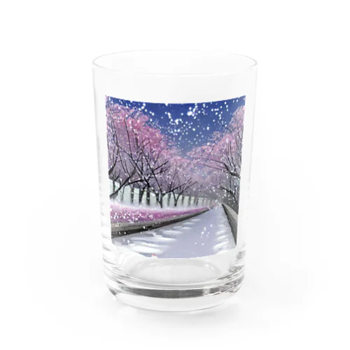 夜の桜並木に雪 Water Glass