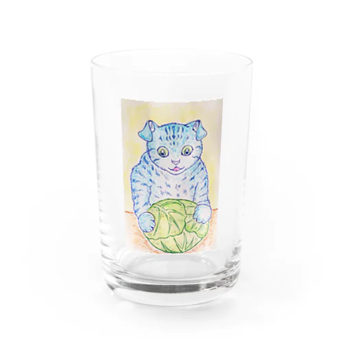キャベツの番人は猫（背景黄色） Water Glass