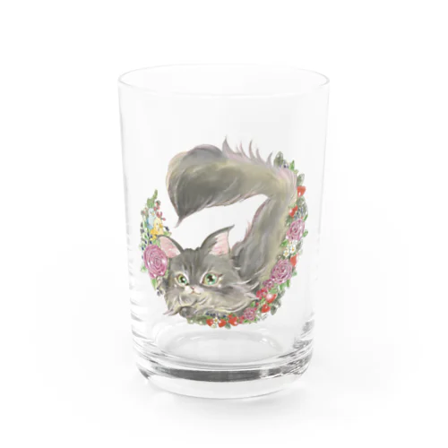 お花のリースとにゃんこ Water Glass