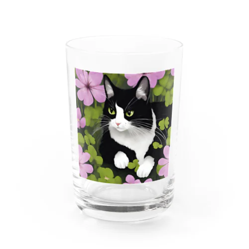 ハチワレ白黒猫とオキザリス Water Glass