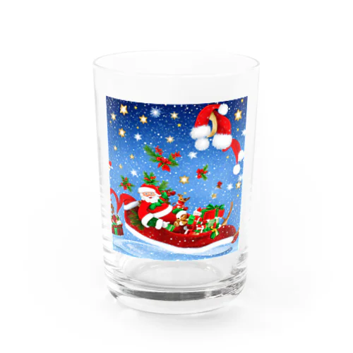雪降るクリスマスイブにプレゼントを配達するサンタクロースとトナカイ Water Glass