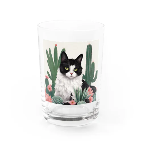 ハチワレ白黒猫とサボテン Water Glass