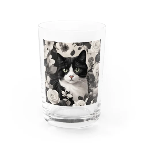 ハチワレ白黒猫とジャスミン グラス