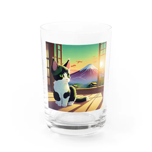 富士山と白黒猫 Water Glass