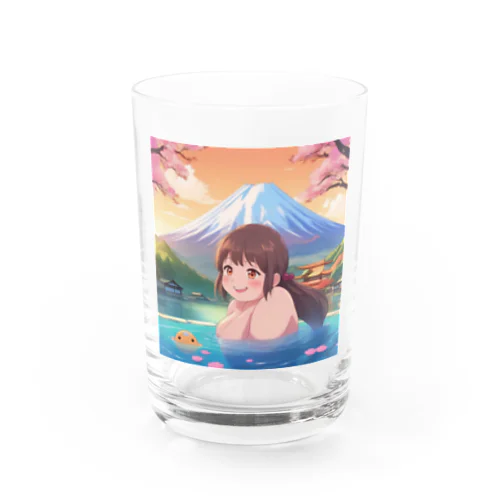 富士山絶景にある露天風呂のかわいい女の子 グラス