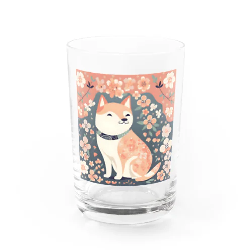 日本画風、柴犬と桜-Japanese-style painting of a Shiba Inu with cherry blossoms Water Glass