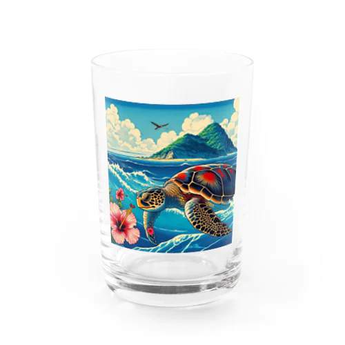 日本の風景:荒波にもまれる海がめ、Japanese scenery: Sea turtle caught in rough waves Water Glass