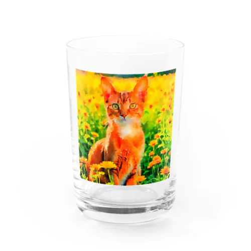 猫の水彩画/花畑のアビシニアンねこのイラスト/茶トラネコ Water Glass