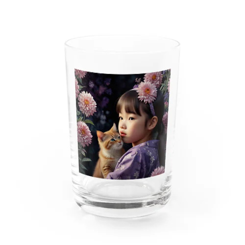 着物の少女と猫 紫 Water Glass