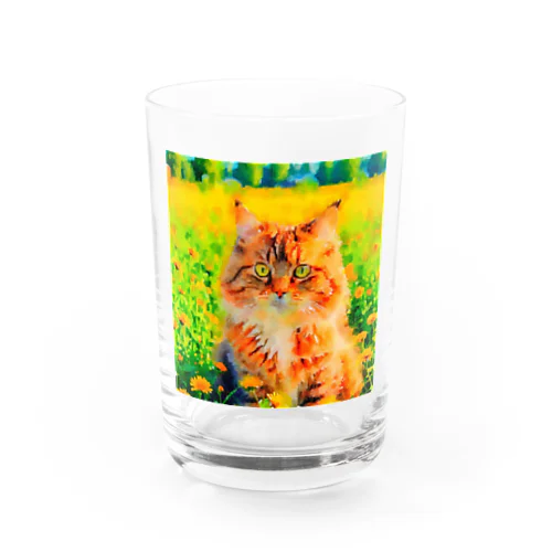 猫の水彩画/花畑のサイベリアンねこのイラスト/キジトラネコ Water Glass