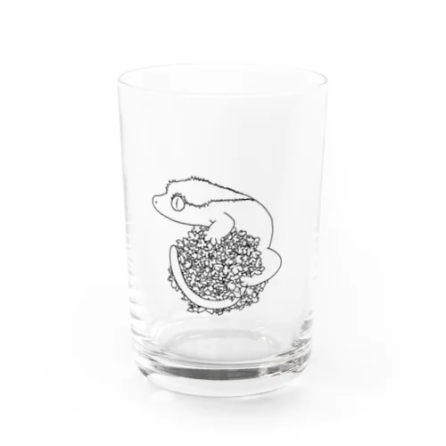 クレステッドゲッコー×紫陽花イラスト(黒) Water Glass