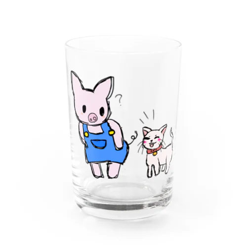 ブタのぶーたとネコのあずき Water Glass