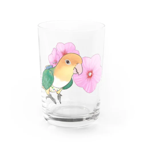 お花とシロハラインコちゃん【まめるりはことり】 Water Glass