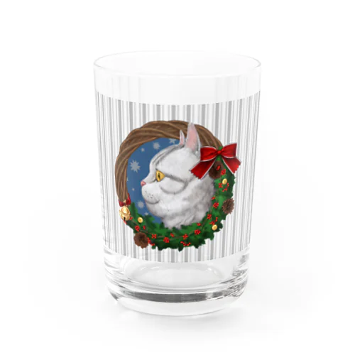 クリスマスリースと猫　グレーストライプ Water Glass