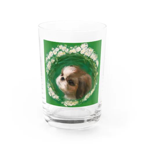 かわいいシーズー 犬と雪柳のフラワーリース グラス