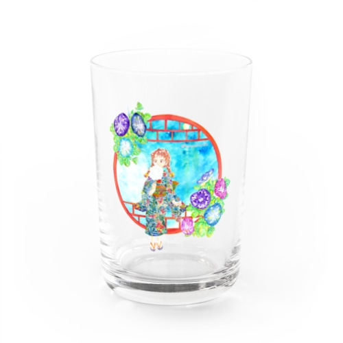 「窓際の夏」青空・朝顔縁・浴衣の女の子 Water Glass