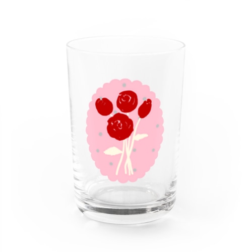 ピンクのフリルのドットの中の赤バラのブーケ Water Glass