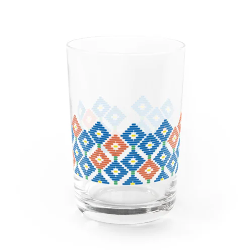 【 オサンポ 】レトロなこぎん刺しグラス(ブルー×オレンジ) Water Glass
