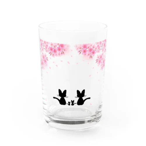 桜と黒ねこ親子 Water Glass