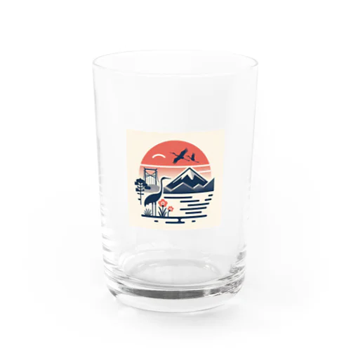 夕陽に映える鶴と富士 Water Glass